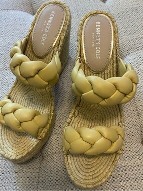 Kenneth Cole Braided Lemon Yellow Espadrille Wedge Sandals